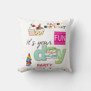 Throw Pillow, Happy Birthday FUN Cupcake Throw Pillow