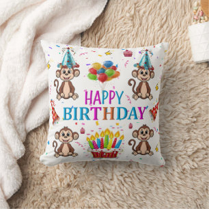Throw Pillow, Happy Birthday Monkey Cupcake Throw Pillow
