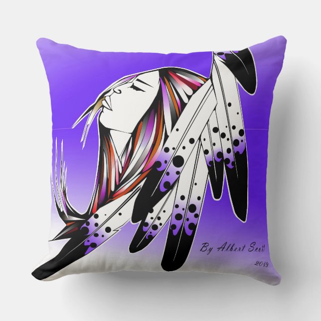 Throw pillow Native woman eagle feathers purple (Front)