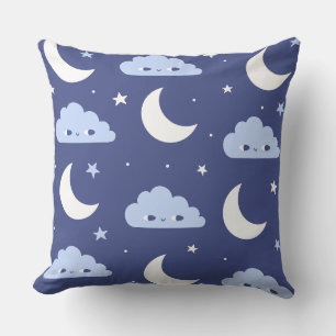Throw Pillow Navy Kawaii Moon Stars Clouds Pattern