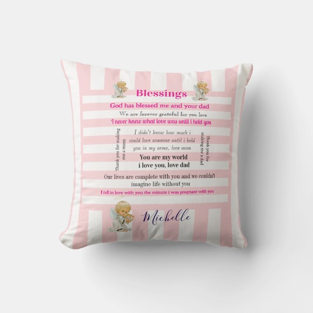 Throw Pillow Pink & White Stripe Blessings  (Front)