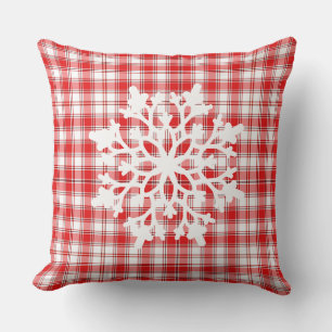 Throw Pillow-Red Plaid Snowflake Pillow