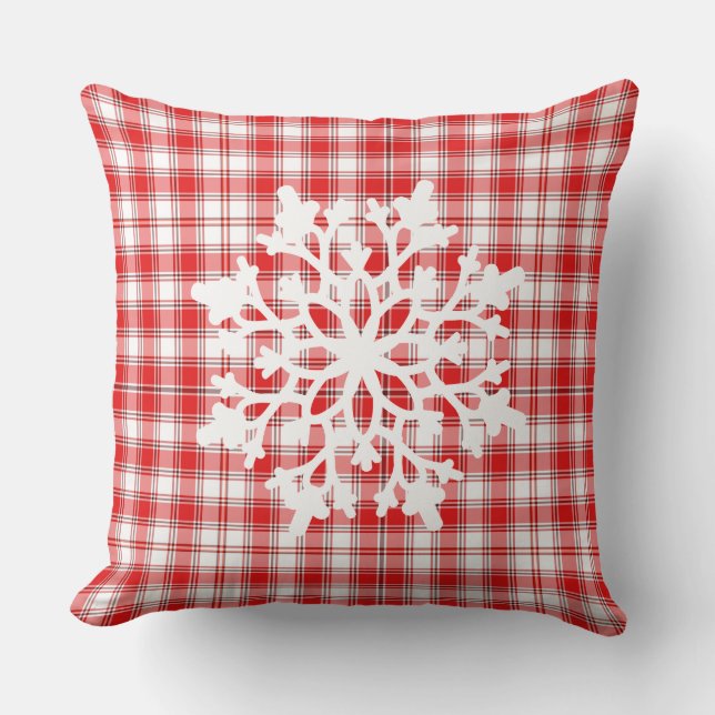 Throw Pillow-Red Plaid Snowflake Pillow (Front)