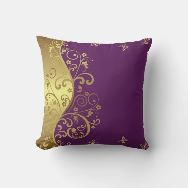 Throw Pillow--Red Violet & Gold Swirls Pillow (Front)