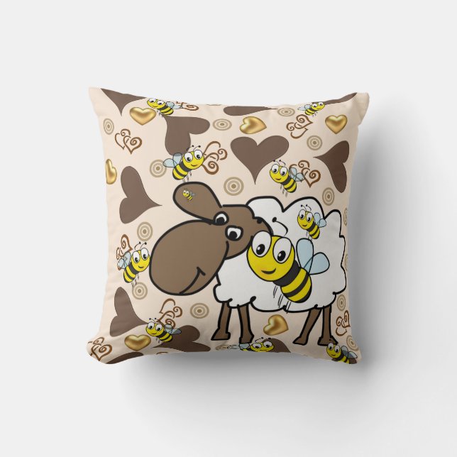Throw Pillow Sheep Bumblebee Brown Hearts (Front)