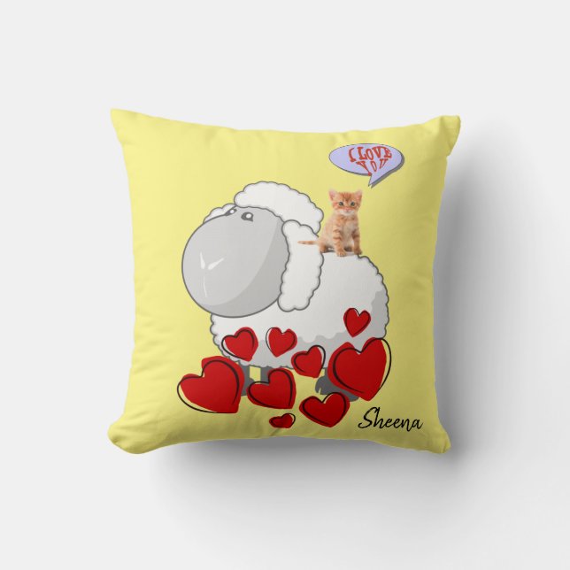 Throw Pillow Sheep Kitten Red Hearts Yellow (Front)