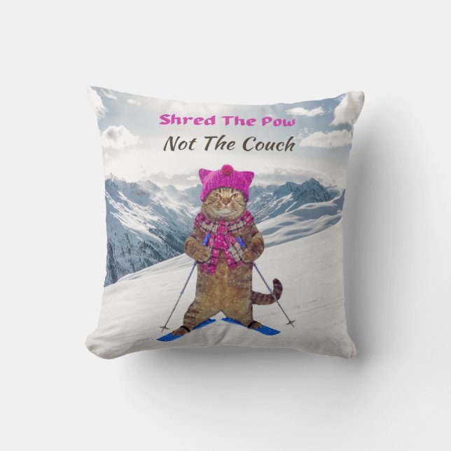 Throw Pillow, Shred the Pow Ski Cat Pillow (Front)