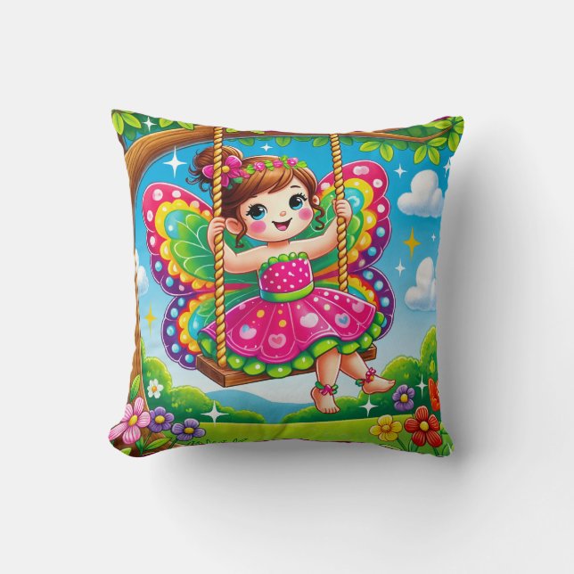 THROW PILLOW "SMILING FAIRY ON A SWING" (Front)