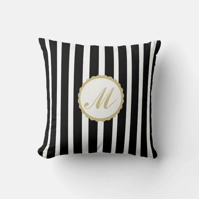 Throw Pillow Striped Black White Gold Monogram (Front)