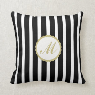Throw Pillow Striped Black White Gold Monogram