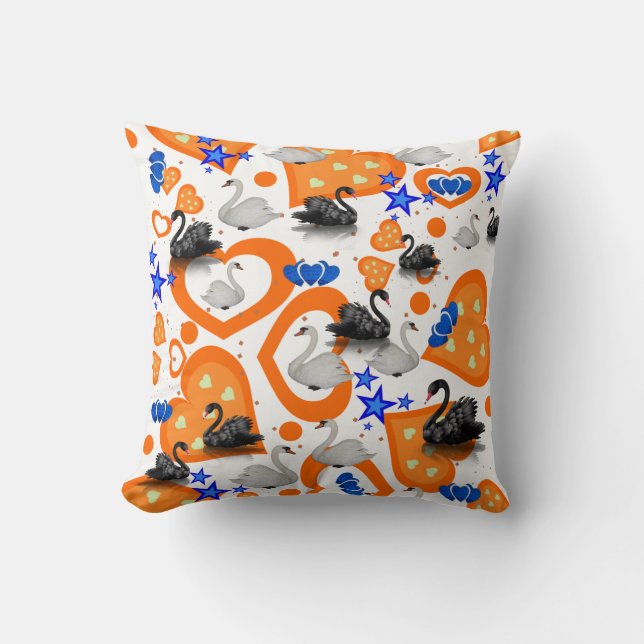 Throw Pillow Swan Orange Hearts Blue Stars (Front)