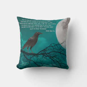 Throw Pillow, The Raven In Green With Poe Poem Throw Pillow