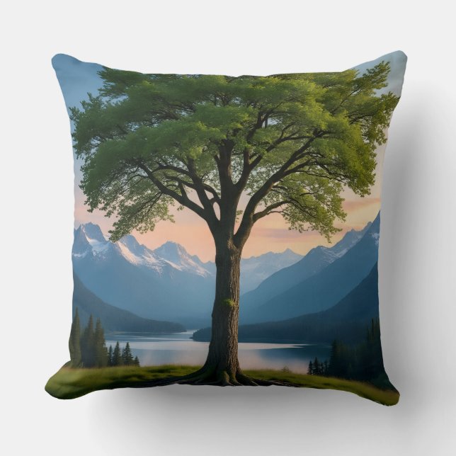 Throw Pillow Tree, Green Land, Sea, Sky & Mountain (Front)