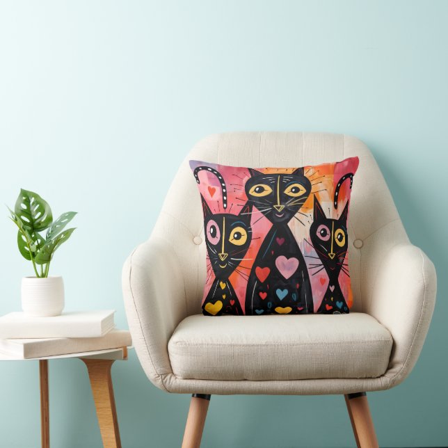 Throw Pillow Valentine's Day Cat Red Hearts (Chair)