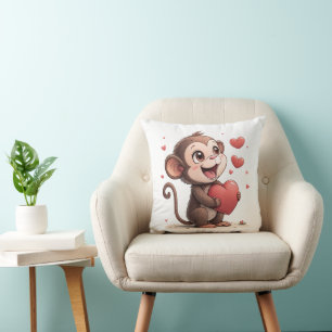 Throw Pillow Valentine's Day Monkey Red Hearts