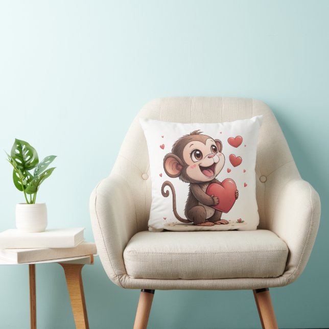 Throw Pillow Valentine's Day Monkey Red Hearts (Chair)