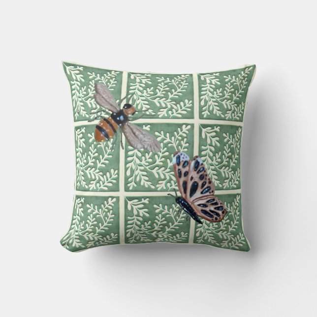 Throw pillow with green foliage and pollinators (Front)