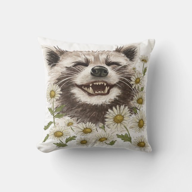 Throw Pillow with the print of a happy raccoon (Front)