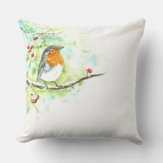 Throw Pillow with Watercolor Robin