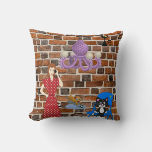 Throw Pillows Brick Retro Woman Black Cat
