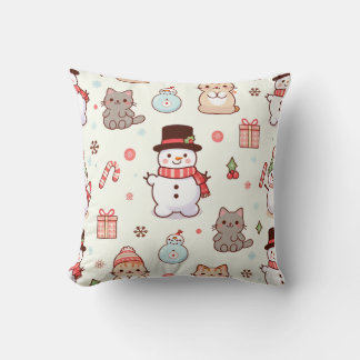 Throw Pillows-cat snowman Throw Pillow