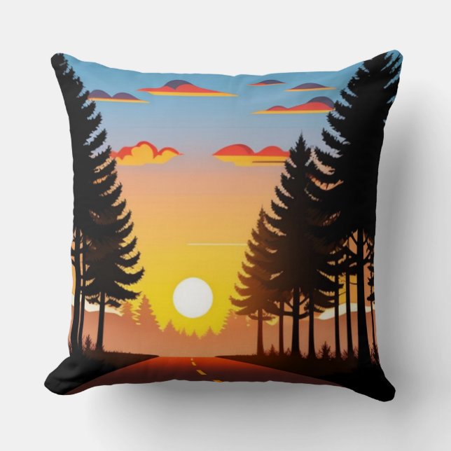 Throw pillows, Sunset above forest road Pillow (Front)
