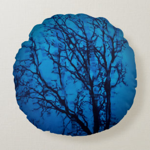 Thru The Glass, Weeping Tree Blue Abstract Art Round Pillow