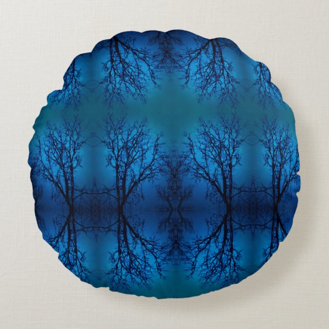 Thru The Glass, Weeping Tree Blue Forest Abstract Round Pillow (Front)