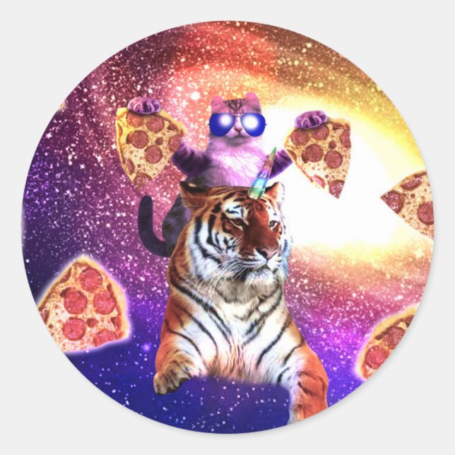 Thug Space Cat On Tiger Unicorn Classic Round Sticker (Front)
