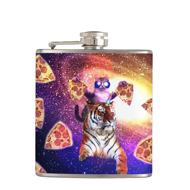Thug Space Cat On Tiger Unicorn Hip Flask (Front)