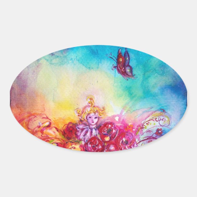 THUMBELINA ,FLOWER BASKET AND BUTTERFLY OVAL STICKER (Front)