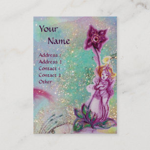 THUMBELINA ,PURPLE FLOWER IN BLUE TEAL SPARKLES BUSINESS CARD