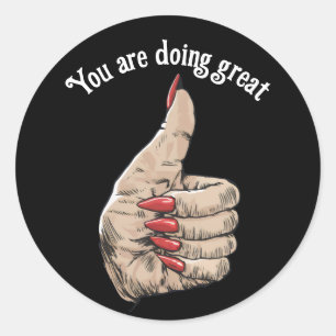 thumbs up with long red fingernails classic round sticker