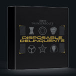 Thunderbolts* | Disposable Delinquents Binder<br><div class="desc">Bring a tactical, underground vibe to your apparel and accessories with the "Disposable Delinquents" team roster. This design features a clean yet gritty arrangement of the squad's signature symbols, from Bucky’s star to Ghost’s mask. The high-contrast black, silver, and gold palette makes it a striking piece for any fan’s collection,...</div>