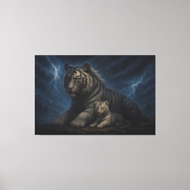 Thunderstorm Guardian White Tiger & Cub – Fantasy  Canvas Print (Front)