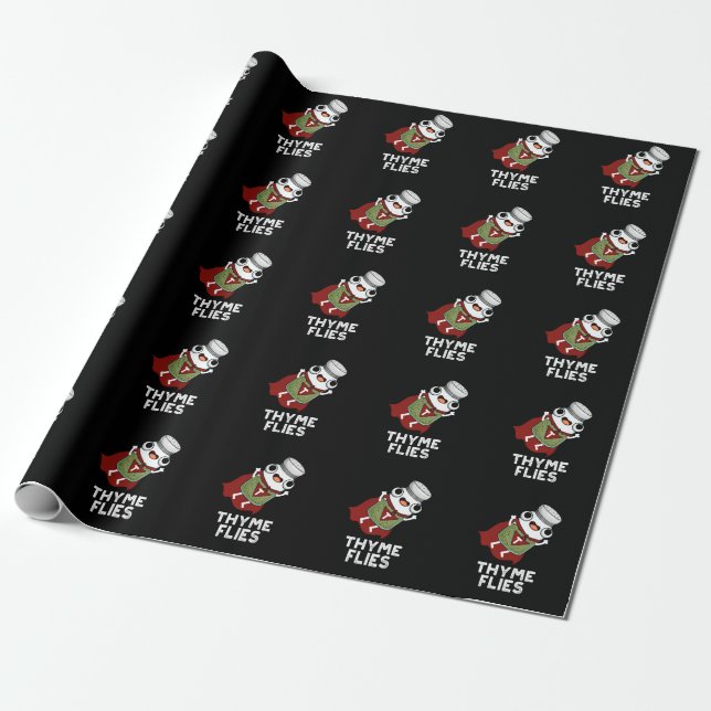 Thyme Flies Funny Herb Pun Dark BG Wrapping Paper (Unrolled)