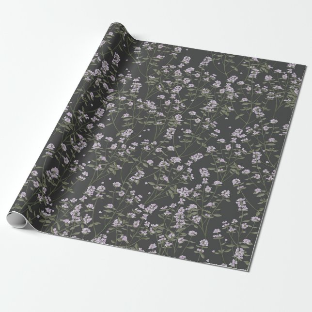 Thyme Floral Pattern Dark Grey Wrapping Paper (Unrolled)