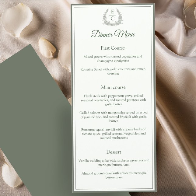 Thyme Green Monogram Crest Wedding Dinner Menu (Creator Uploaded)