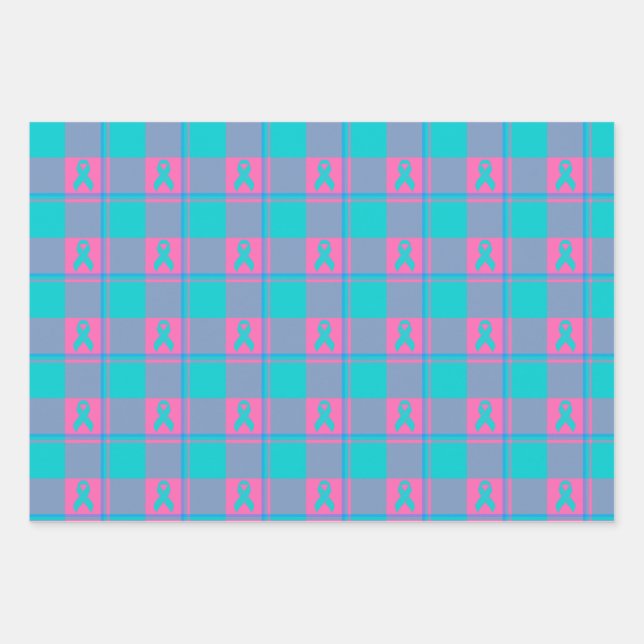 Thyroid Cancer Awareness Plaid Teal Ribbon Wrapping Paper Sheet (Front)