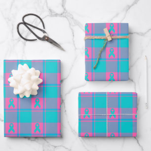 Thyroid Cancer Awareness Plaid Teal Ribbon Wrapping Paper Sheet