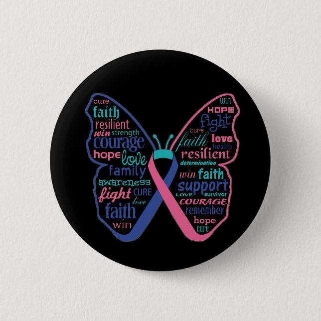 Thyroid Cancer Butterfly Collage of Words 2 Inch Round Button (Front)