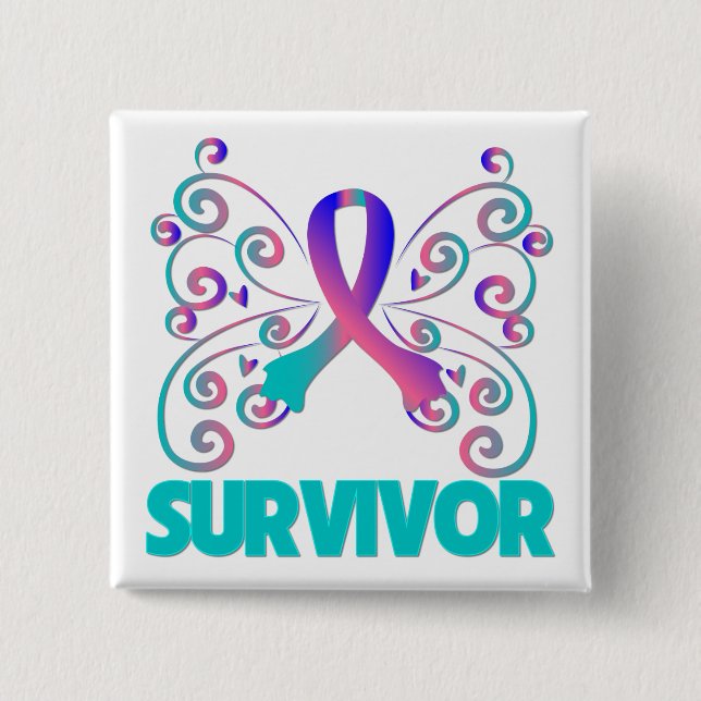Thyroid Cancer Survivor Butterfly 2 Inch Square Button (Front)