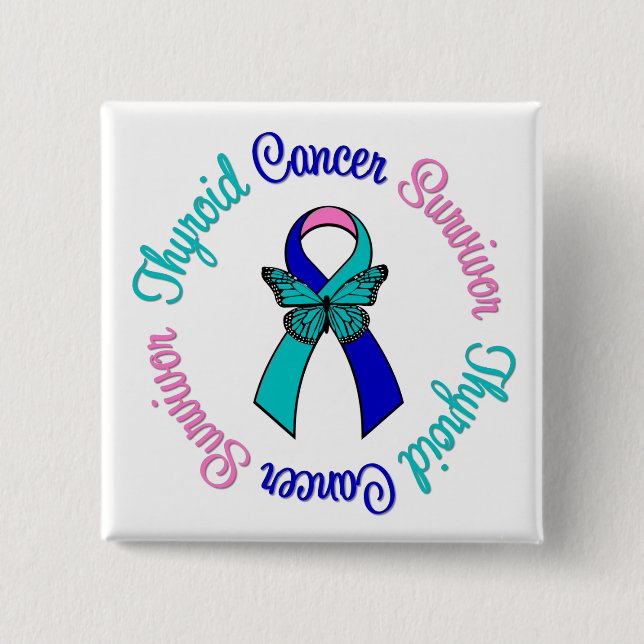 Thyroid Cancer Survivor Butterfly Ribbon 2 Inch Square Button (Front)
