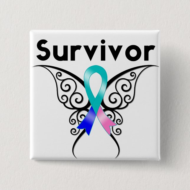 Thyroid Cancer Survivor Tribal Butterfly 2 Inch Square Button (Front)