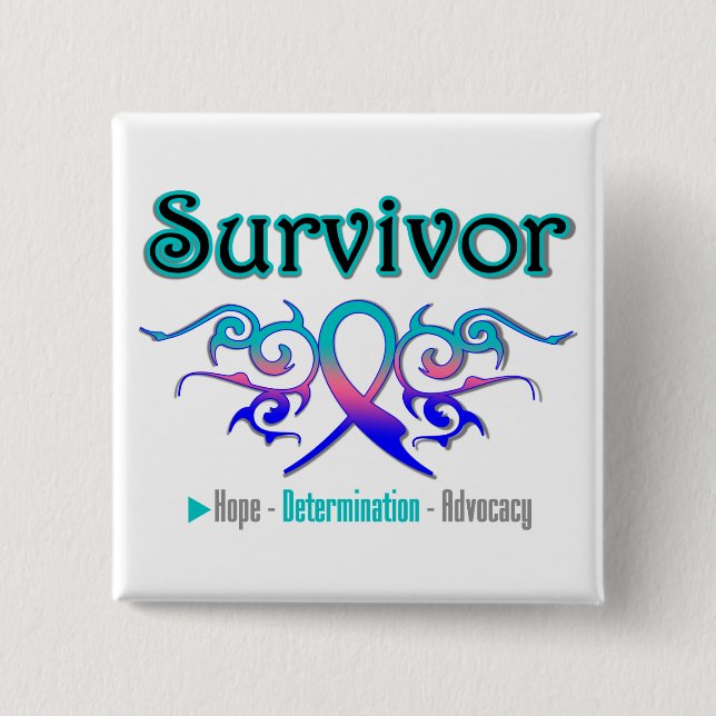 Thyroid Cancer Survivor Tribal Ribbon 2 Inch Square Button (Front)