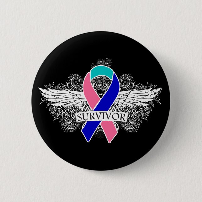 Thyroid Cancer Winged SURVIVOR Ribbon 2 Inch Round Button (Front)