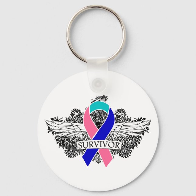 Thyroid Cancer Winged SURVIVOR Ribbon Keychain (Front)