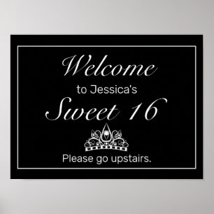 Tiara Black Minimalist Sweet 16 Welcome Sign