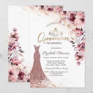 Tiara Blush Pink Roses Diamonds Dress Quinceañera  Invitation