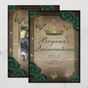 Tiara Butterflies Emerald Green Roses Quinceañera  Invitation